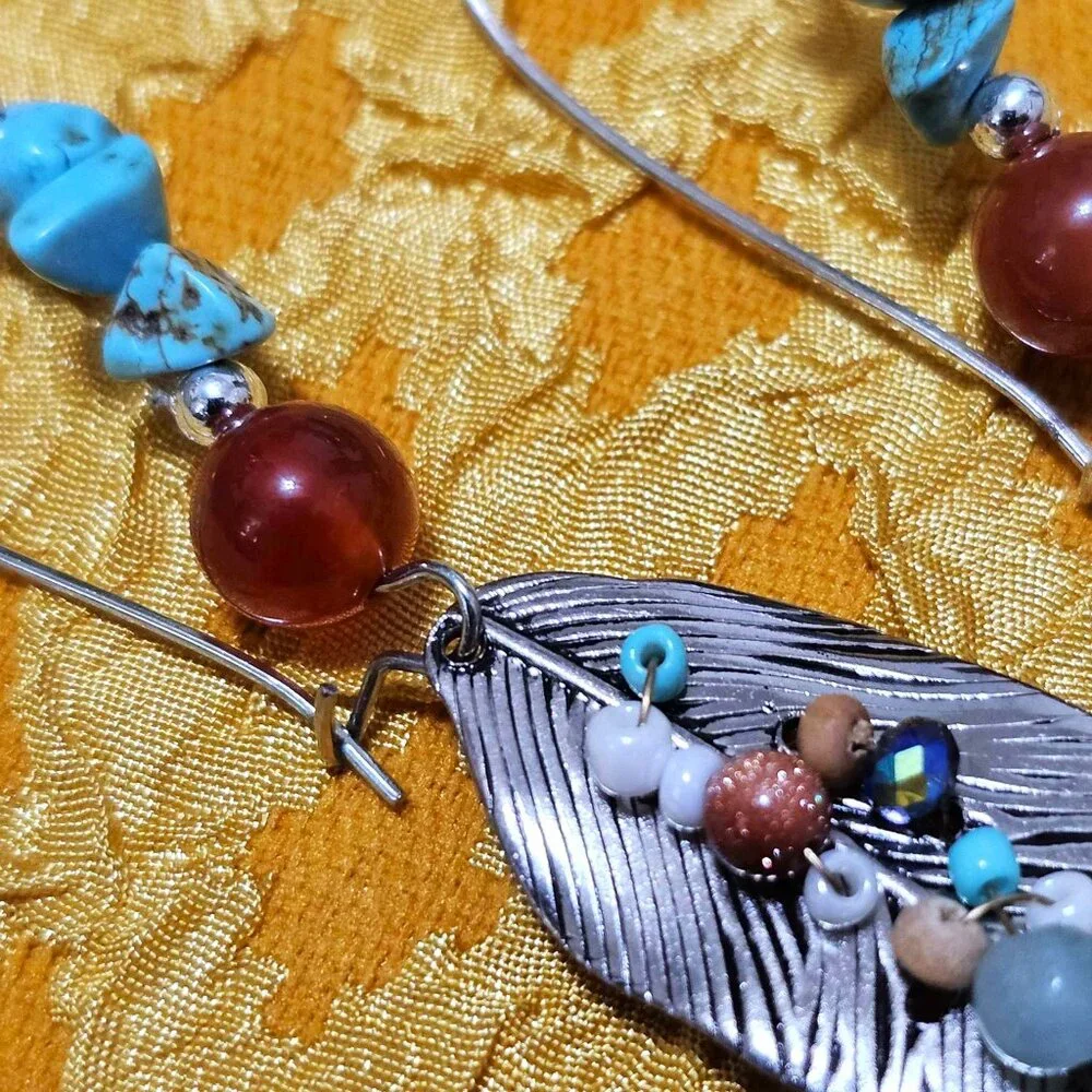 Artisan Earrings Southwestern Silver Feathers Turquoise Carnelian Multi Beaded - Picture 9 of 11